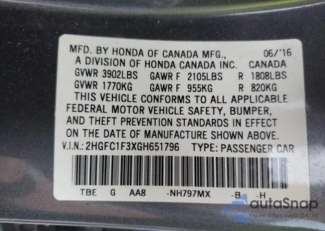 2016 Honda Civic Ex-T from USA, damaged, VIN 2HGFC1F3XGH651796